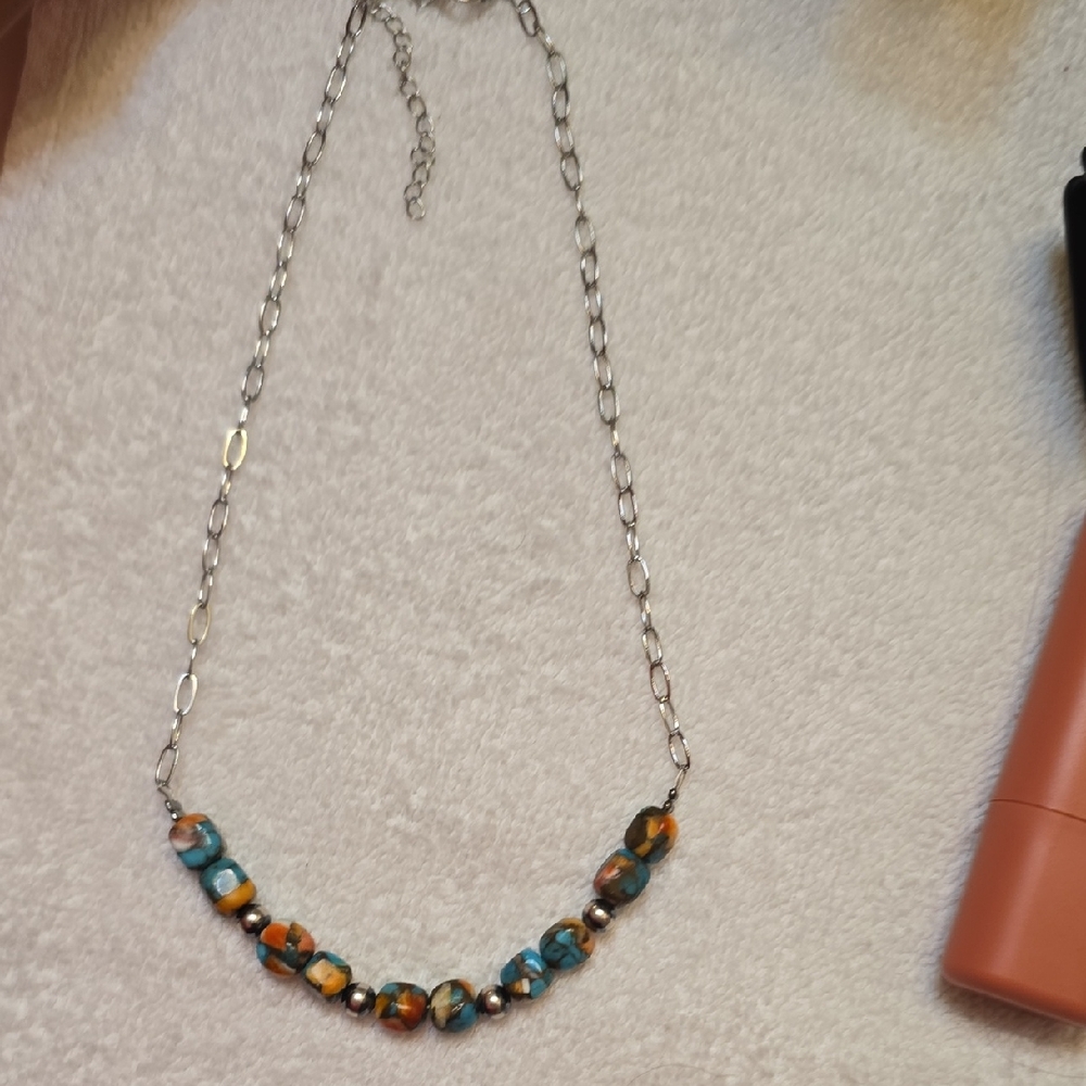 Turquoise and Orange Spiney Necklace - Women's Jewelry (Silver 925)